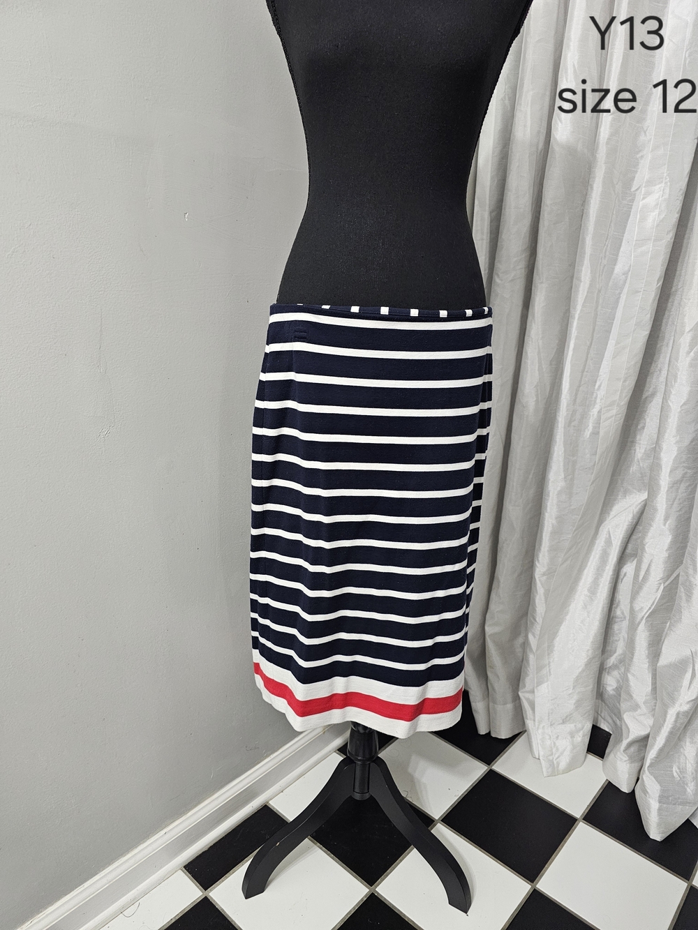 Cato Navy and White Striped Midi Skirt with Red Hem